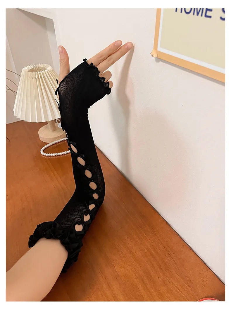 Sexy White Hollow Satin Bow Lace Gloves Lolita Bride Thin Sun Protection Arm Sleeves Women Summer Fingerless Sunscreen Mittens