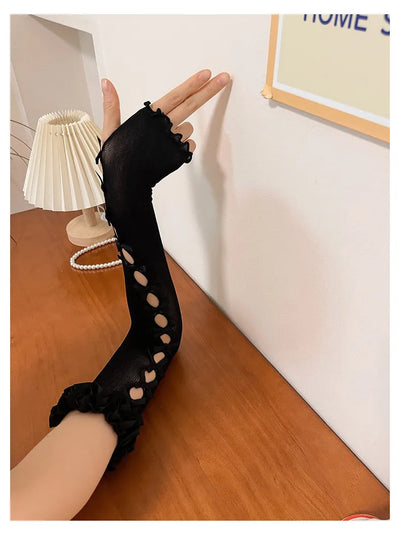 Sexy White Hollow Satin Bow Lace Gloves Lolita Bride Thin Sun Protection Arm Sleeves Women Summer Fingerless Sunscreen Mittens