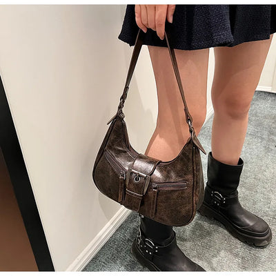 Retro Belt Design PU Leather Shoulder Bags for Women 2024 Y2K Small Vintage Female Underarm Crossbody Bag Fashion Handbags