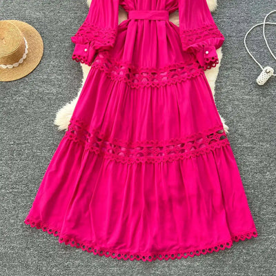 Elegant Long Maxi Hollow Out Dress Shirt Women Summer Autumn Palace Retro Pearl Button Embroidery Crochet Evening Party Vestidos