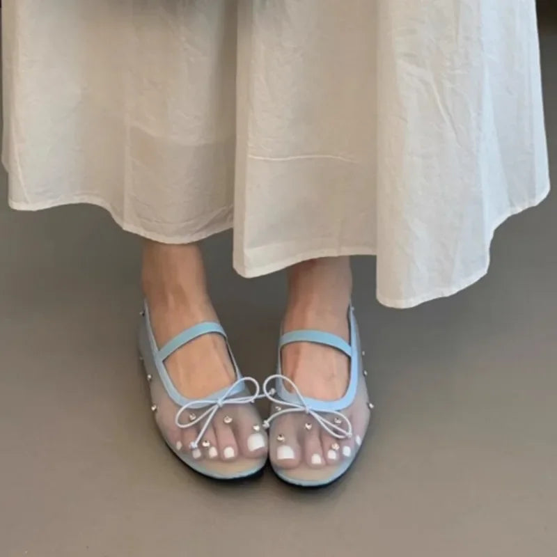 Fashion Women's Shoes 2025 Design Rhinestone Mesh Breathable Shallow Mouth Single Shoes Flat Ballet Elegant Bow Zapatos Mujer