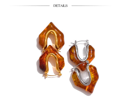 Yhpup Fashion Amber Resin Geometry Hoop Earrings Trendy Stainless Steel 18K PVD Plated Jewelry Accessories Gift