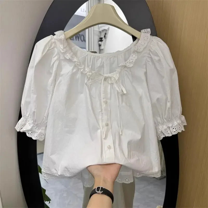 Preppy Style Sweet Short Sleeve Slim Fit Crop Tops Japanese Ruched Shirts Women Y2k Chemises Summer Bandage Bow White Camisa