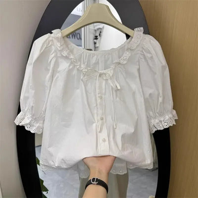 Preppy Style Sweet Short Sleeve Slim Fit Crop Tops Japanese Ruched Shirts Women Y2k Chemises Summer Bandage Bow White Camisa