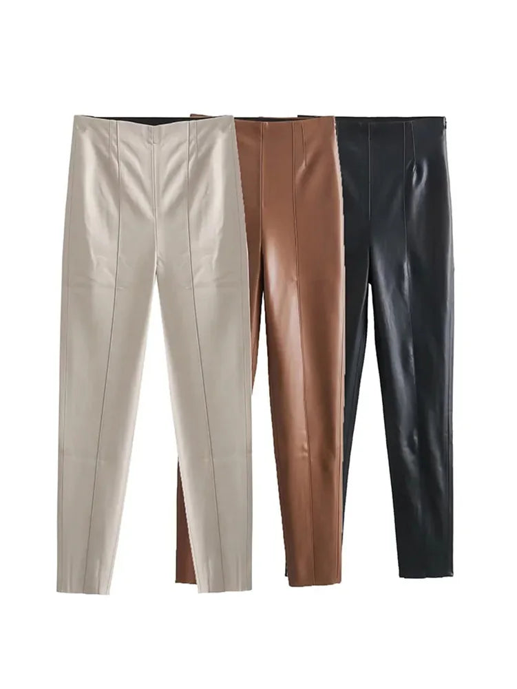 TRAFZA 2024 Women's Faux Leather Pants High Waist Straight Leg Trousers Fashion Female Streetwear Stylish Stretch Pencil Pants