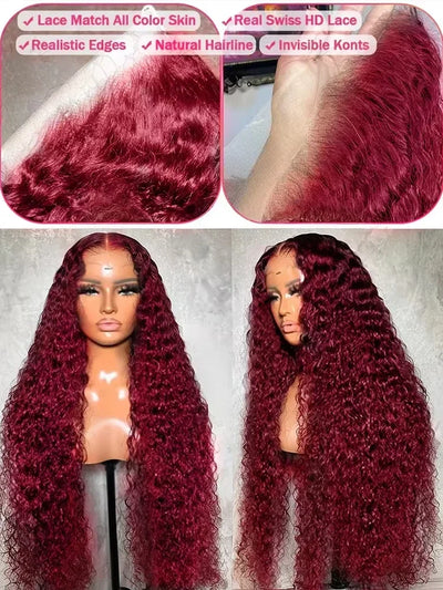 Curly 99J Burgundy 30 Inch Deep Wave 13x4 Lace Front Wig Wet And Wavy Red Colored wigs HD Lace Frontal 100% Human Hair Wigs