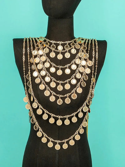 Algerian Wedding Bride Gold Color Necklace Handmade Multi-layer Human Head Chest Chain Coin Necklace Caftan Body Chain Jewelry