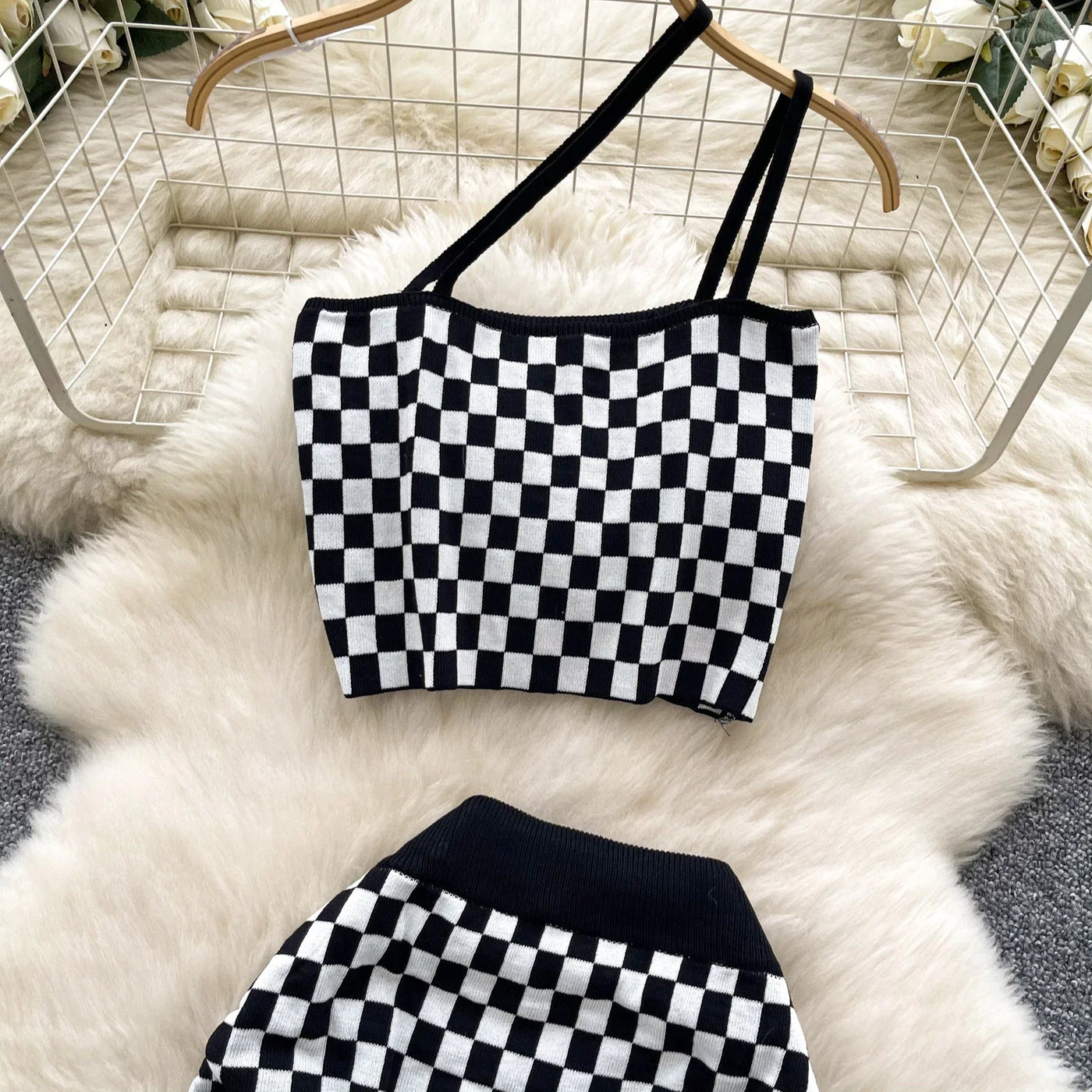 2025 New Vacation Style Plaid Suits Women Strapless Hotsweet Mini Tops+High Waist Bodycon Skirt Fashion Casual Knitted Sets