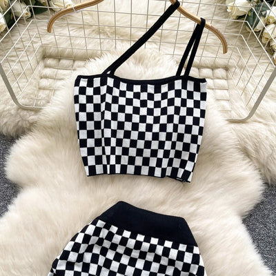 2025 New Vacation Style Plaid Suits Women Strapless Hotsweet Mini Tops+High Waist Bodycon Skirt Fashion Casual Knitted Sets
