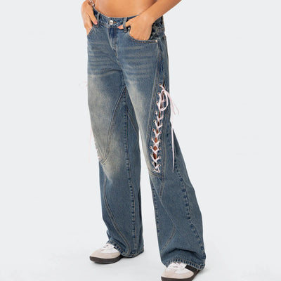 Women's Spring Summer Baggy Pants Mid Waist Loose Side Bandage Wide Leg Denim Pants