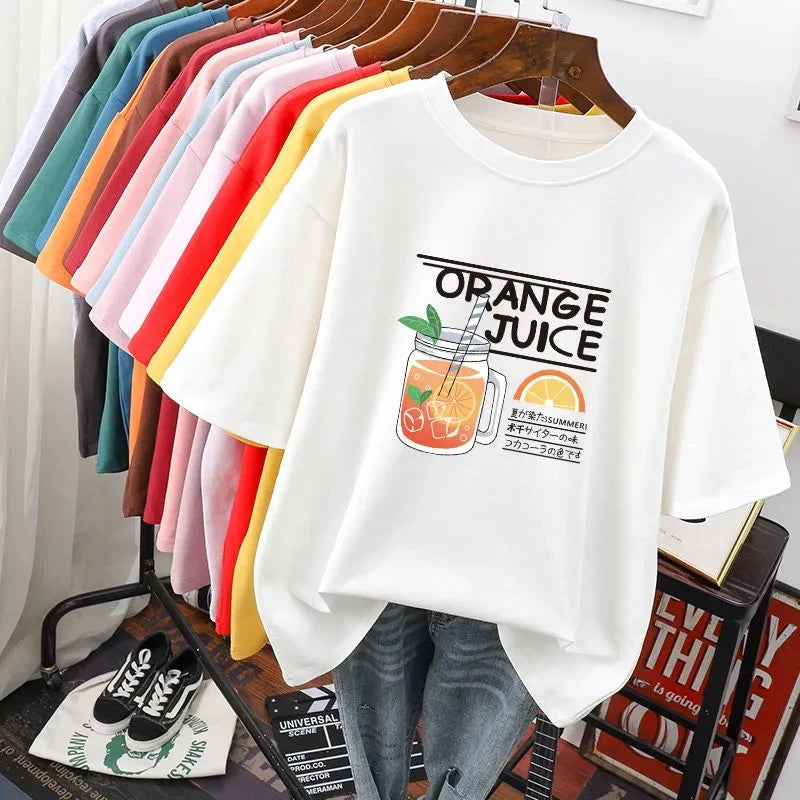 Plus Size 6XL 150KG Summer Cartoon Women's Cotton T-shirt Short Sleeve O Neck Lady Tops Big Large Size Tees Female Clothing