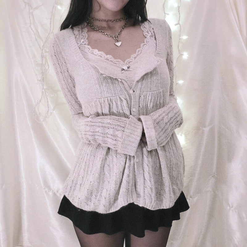 00s Aesthetic Kawaii Knitwear T-shirt Women Clothes Coquette Grunge Y2K 00s Vintage Sweater Single Breasted Long Sleeve Cardigan