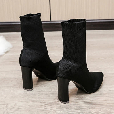 Women Boots Elastic High Heels Boots Breathable Thin Heels Botas Mujer Slip on Ankle Boots Elegant Woman Heeled Shoes D214