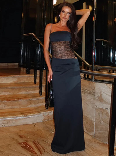 Sexy Bandage Mesh Patchwork Long Dress for Women Lace-up See-through Asymmetrical Evening Party Dresses Lady Gowns High Street