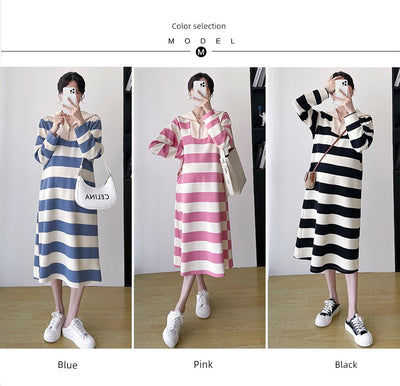 2025 Spring Clothing New Arrival K-style Plus Size Maternity Stripes Dress Fashionable Mom Pullover Sweatshirt Lapel Long Skirt