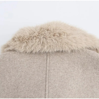Elegant Fur Lapel Long Coat Women With Belt Woolen Full Sleeve Lace Up Loose Thicken Overcoat 2025 Spring Solid Pocket Outwear