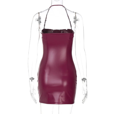 Shestyle Halter Sexy Mini Dress Women Sleeveless 2025 Spring Sheath Solid PU Leather Summer Outfits Hot Clubwear Spaghetti Strap