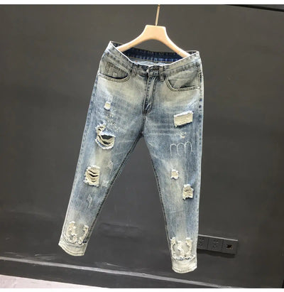 Fashion 2024 New Men's Casual Jeans Distressed Ripped Designer Luxury Boyfriend Spring Autumn Denim Slim Full Length Pants