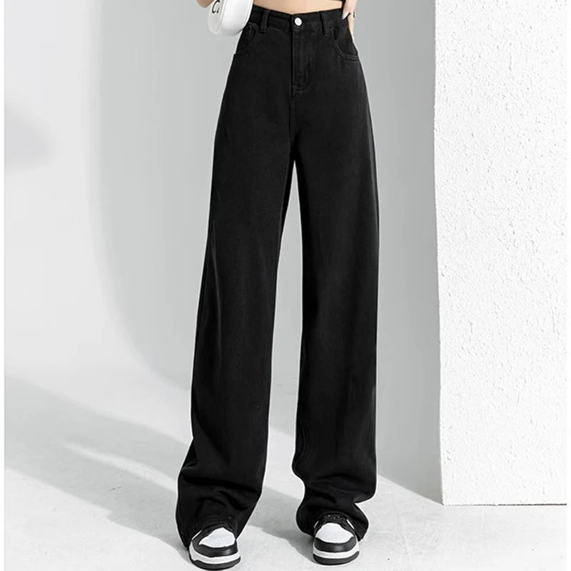 Woman High Waist Stacked Straight Leg Jeans Female Gothic Loose Wide Leg Pants Girls Y2k Black Blue Light Blue Denim Trousers