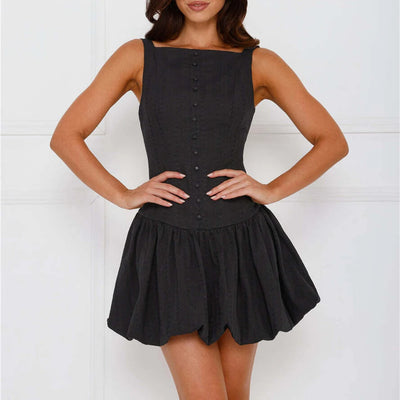 TWOTWINSTYLE Solid Minimalist Slimming Dresses for Women Square Neck Sleeveless High Waist Mini Dress Female New