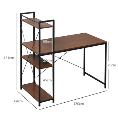 HOMCOM Computer Desk Laptop Table w/4-tier Bookshelf  Metal Frame Walnut, Black