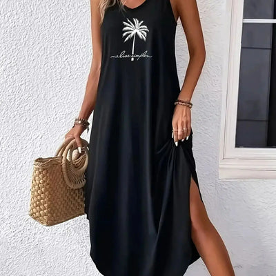 Trees  Curvy Hem Cami Dress, Sexy Sleeveless Spaghetti Strap Loose Maxi Dress, Women's Clothing
