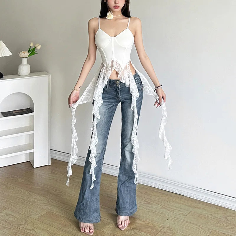 2025 Y2k Aesthetic Irregular Lace Ruffled Tank Top Women Sexy Skinny Design Corset Stretch Tube Streetwear Bandage Grunge Tanks