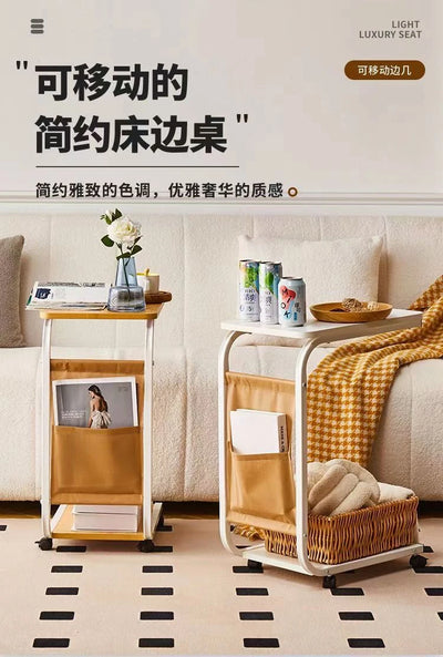 Coffee Table With 360° Wheels C-Shape End Table Sofa Side Table Portable With Cork Finish for RV Home Office Living Room Bedroom