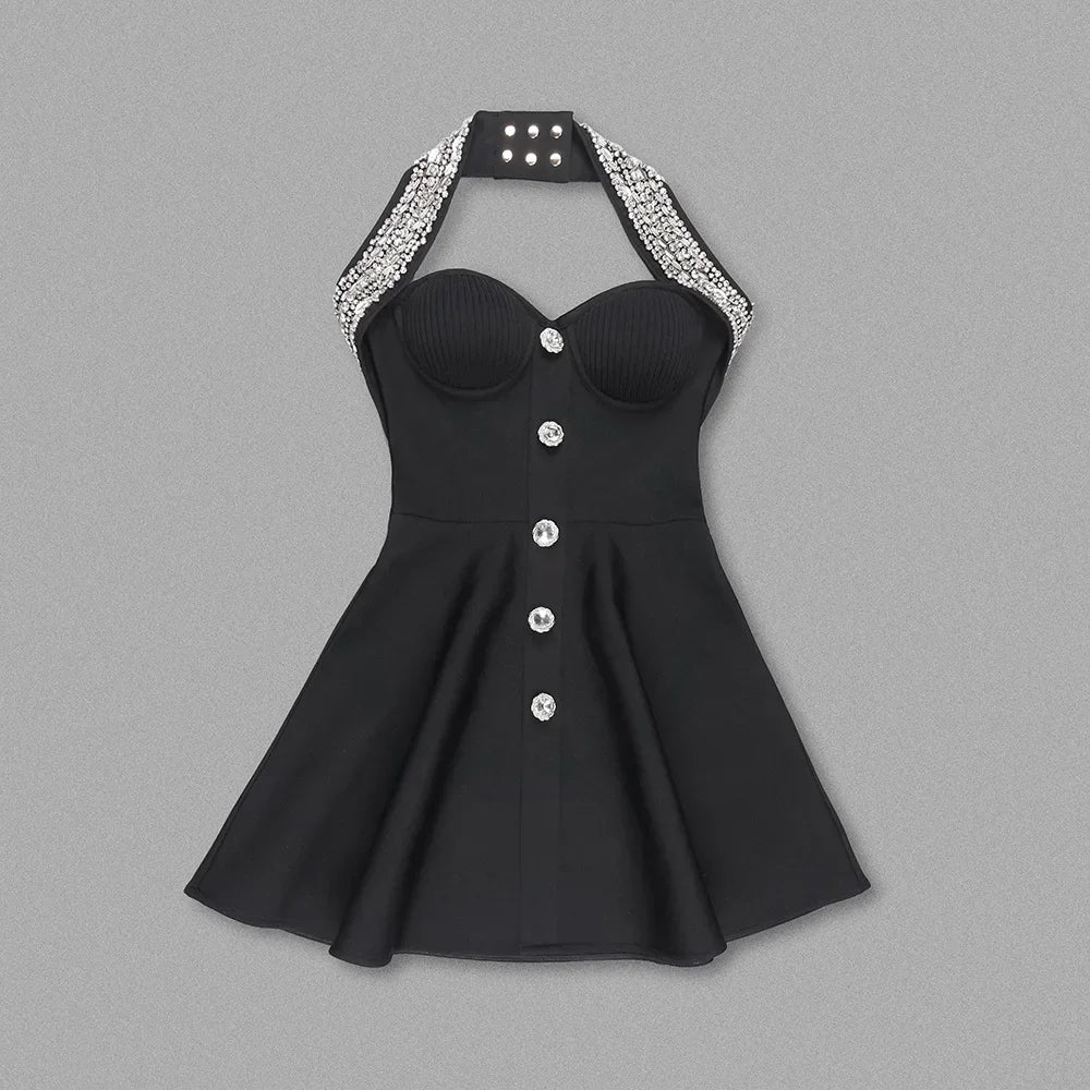 Black Rose Knitted Bandage Dress Women Summer Fashion Diamonds Halter Single Breasted A Line Mini Dress Celebrity Evening Party