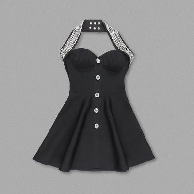Black Rose Knitted Bandage Dress Women Summer Fashion Diamonds Halter Single Breasted A Line Mini Dress Celebrity Evening Party