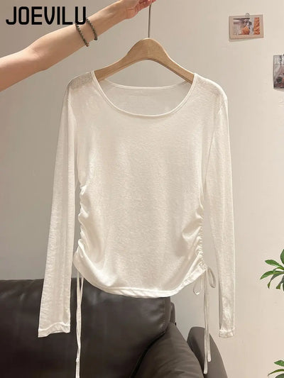 2025 New Summer Women's Light Blue Cooling Sun Protection Top Shirring Detail Loose Sheer Thin Blouse Y2k Korean Fashion Clothes