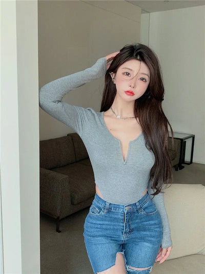Women's Slim Bodysuit Sexy Solid Color Long Sleeve T-shirt Korean Skinny Top Club Party Festival Outfit Black Gothic One-pieces