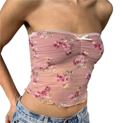 Xingqing y2k Off Shoulder Top Women Fairy Grunge Clothes Summer Sleeveless Lace Trim Patchwork Strapless Tshirt 2000s Streetwear