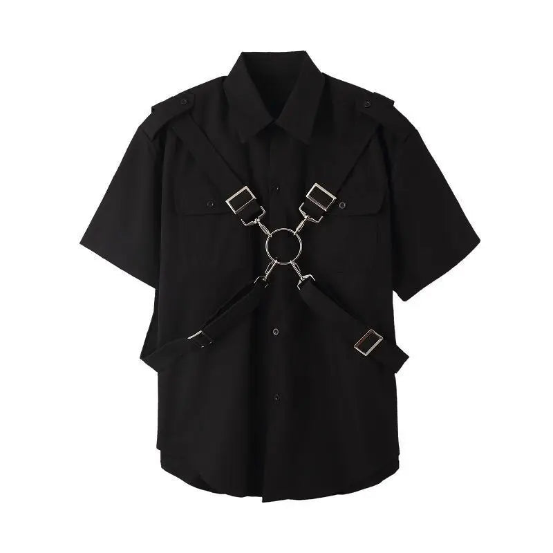 Summer trendy brand dark functional style short sleeved shirt with men's personality strap metal ring ribbon half sleeved trend