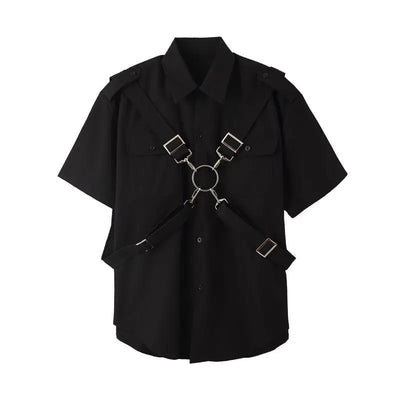 Summer trendy brand dark functional style short sleeved shirt with men's personality strap metal ring ribbon half sleeved trend