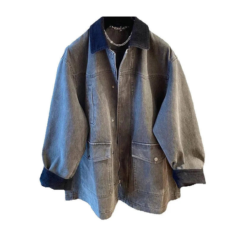 Contrasting Corduroy Spliced Denim Jacket for Women Mid Length Loose Coat Autumn Winter Pocket Outwear Versatile