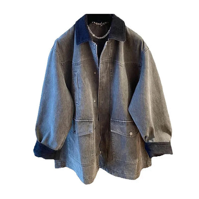 Contrasting Corduroy Spliced Denim Jacket for Women Mid Length Loose Coat Autumn Winter Pocket Outwear Versatile