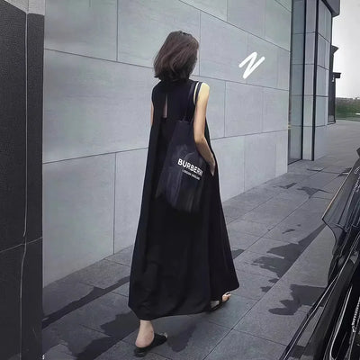 Hebe Style French Sleeveless Hollow out Vest Unique Elegant Black Summer Long Dress Women Backless Dress round Neck Ankle-length