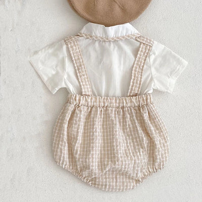 Instagram summer baby jumpsuit, male and female baby doll collar, plaid fake two-piece triangular jumpsuit, crawling