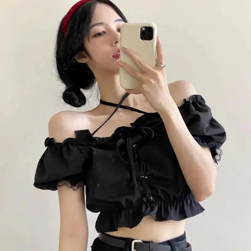 Women's Removable Sleeve T-shirt Drawstring Off Shoulder Crop Top Vintage Shirt Dark Style Harajuku Goth Tee Spring Y2k