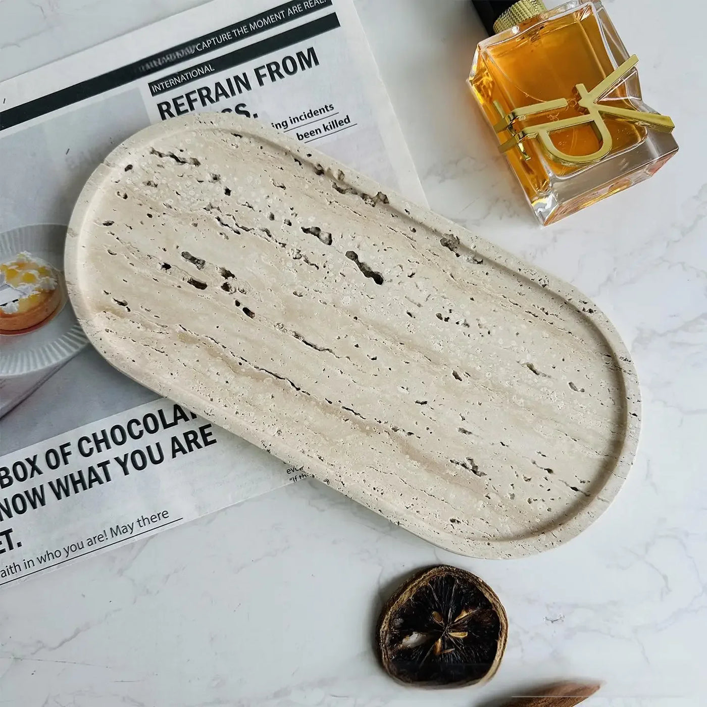 Luxury Green Marble Oval Tray: Bathroom Organizer & Fruit Serving Platter, Waterproof Stone Decor for Hotel Spa Home Kitchen