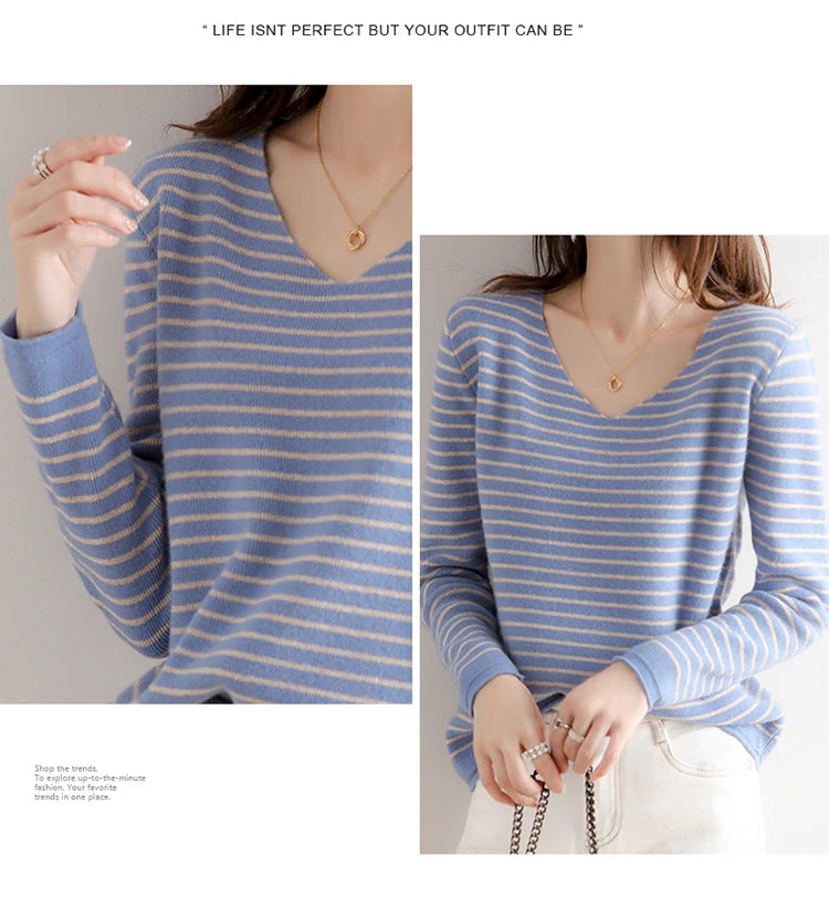 New Striped V-neck Sweater Women's All-Match Loose Sweater Fall Winter Fashion Bottoming Shirt Inner Wear Blouse