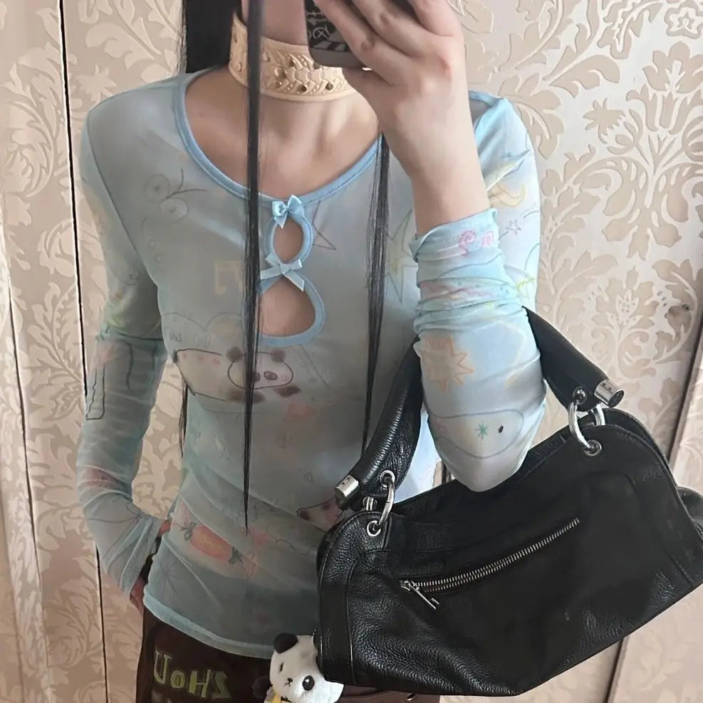 Yedinas Y2k Blue Mesh Tops Long Sleeve T Shirt Women Clothes Slim Spring Tops See Through Sheer Tshirts Grunge Aesthetics Tees