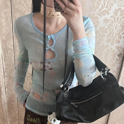 Yedinas Y2k Blue Mesh Tops Long Sleeve T Shirt Women Clothes Slim Spring Tops See Through Sheer Tshirts Grunge Aesthetics Tees