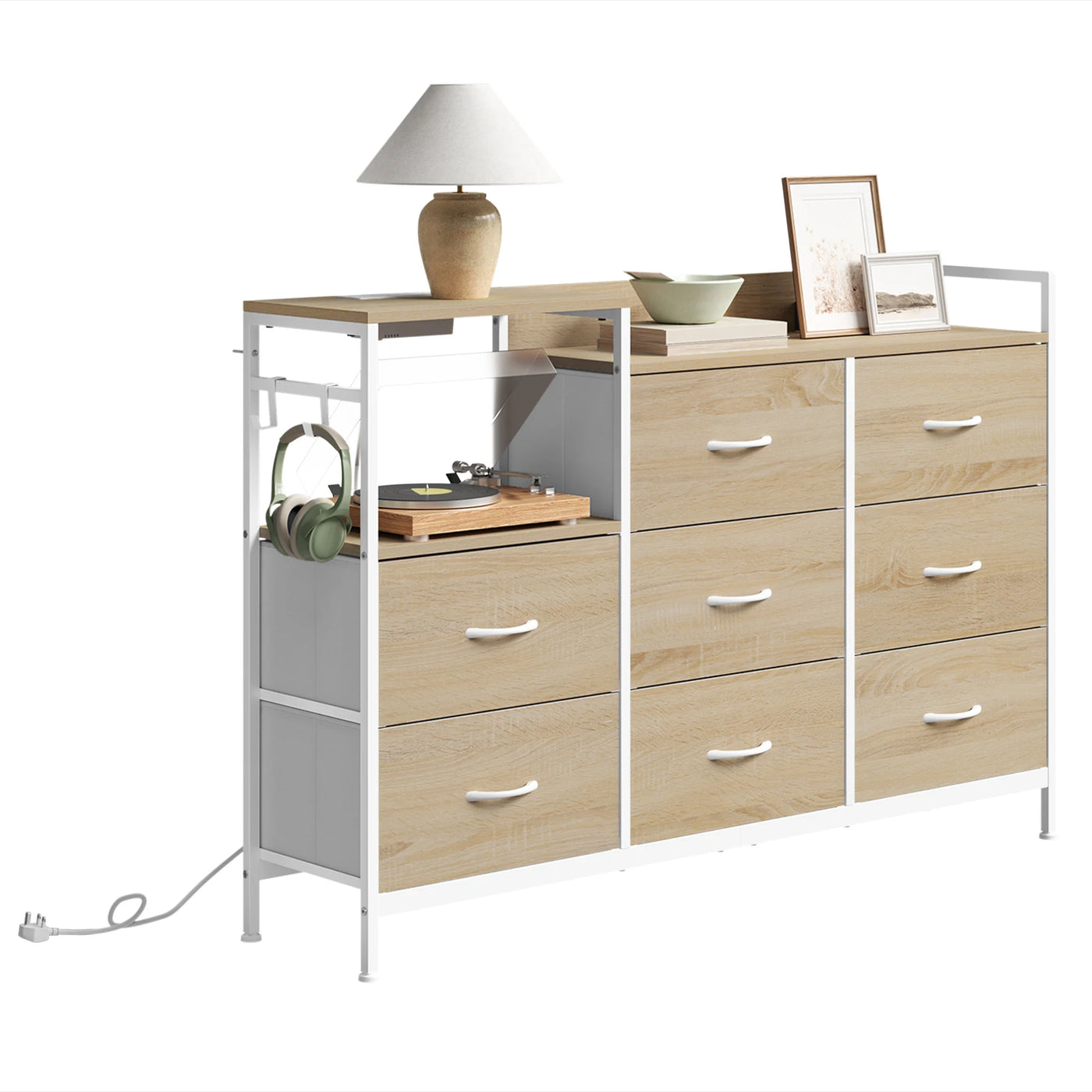 Chest of Drawers with 8 Fabric Drawer Sideboard Storage Cabinet for Kitchen Office with Charging Sockets Steel Frame 132x88x30cm
