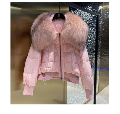 Fashionable Women's Winter Down Jacket Cropped Fox Fur Collar High End 90% White Duck Feather Coat Thick Long Sleeves
