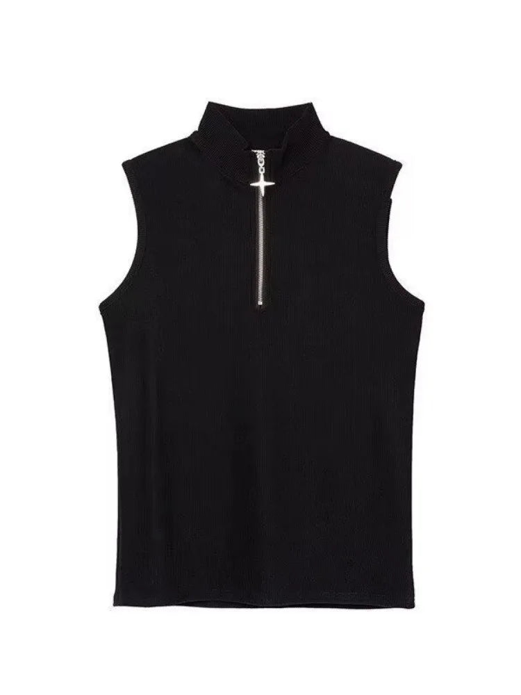 Gothic Tank Top Men and Women Harajuku Punk Vintage Stand Neck Zipper Streetwear Sleeveless Tanks Y2k Aesthetic Solid Camisoles