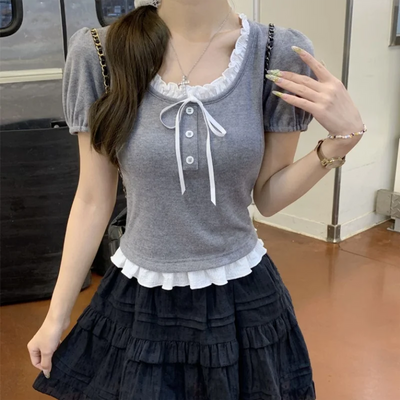 Pink Ruffle Edge Patchwork Short Sleeved T-shirt for Women Summer Cute Slim Two Pieces Girls Short Top Trendy