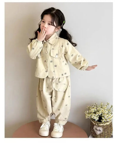 Girls Coat and Pants Two Piece Set 2025 Spring and Autumn New Korean Fashion Floral Casual Coat and Pants Two Piece Set Trend