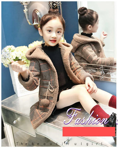 Autumn Winter Girls Hairy Coat Fashion Design Long Coat for Girls Kids Outerwear Grid Pattern Warm Winter Jacket Coats 4-12T